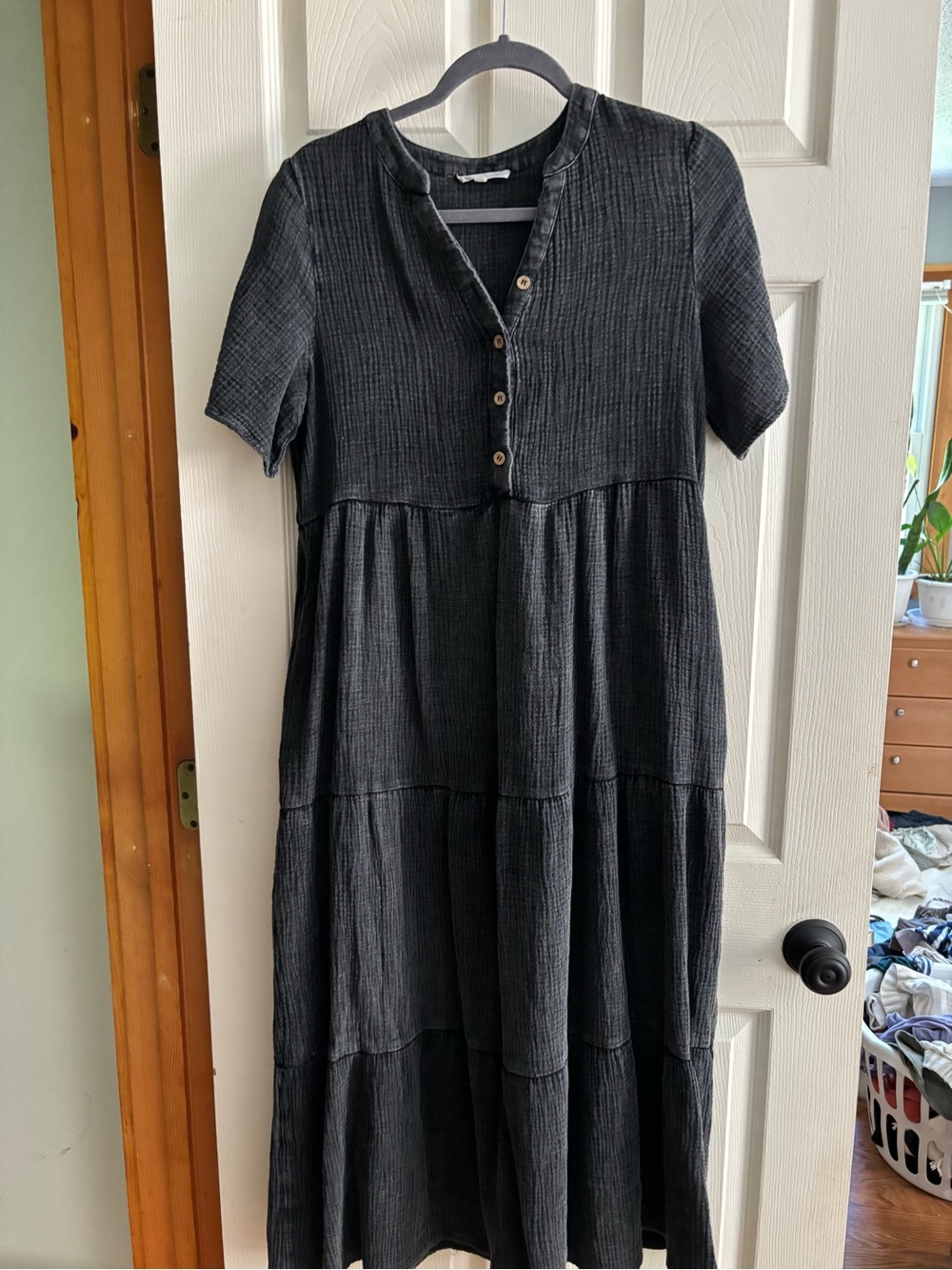 Black button front tiered maternity maxi dress from Pink Blush